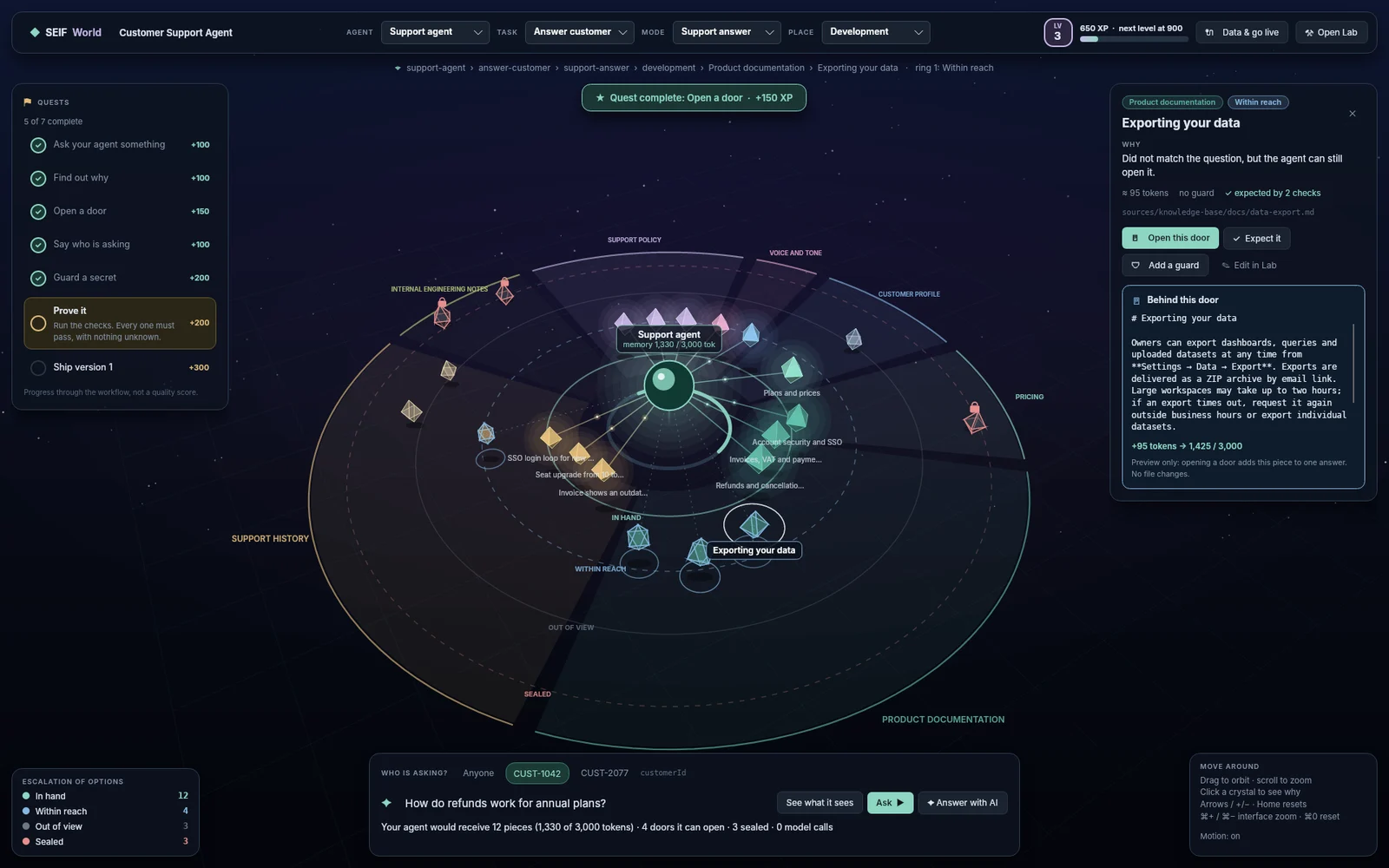 Actual Context World interface showing knowledge orbiting an agent